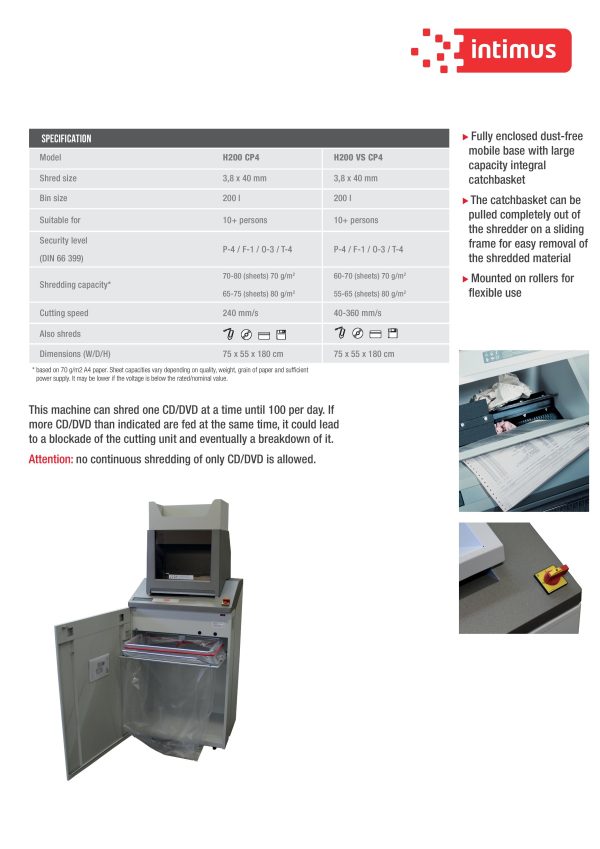 INTIMUS Paper Shredder Machine H200-CP4, H200-VS - Image 6